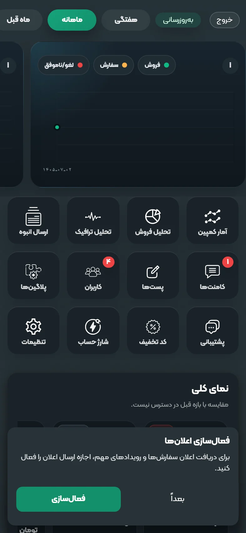 داشبورد واقعی اپلیکیشن ایکس کارت با دسترسی به گزارش فروش و ابزارهای مدیریت فروشگاه